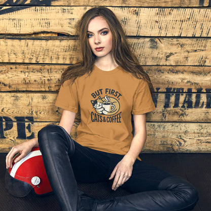 Cat Lover Cozy Coffee Cottage Tee - in Toast, front view - VibePrintPop