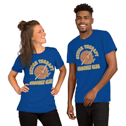 "Stitch Therapy" Retro Crochet Club Graphic T-Shirt - in True Royal, front view - VibePrintPop