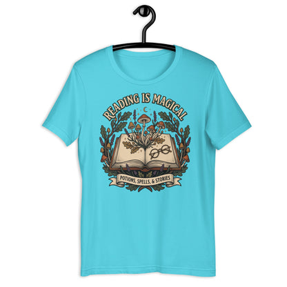 Whimsical Reading Witch T-Shirt - in Turquoise, front view - VibePrintPop
