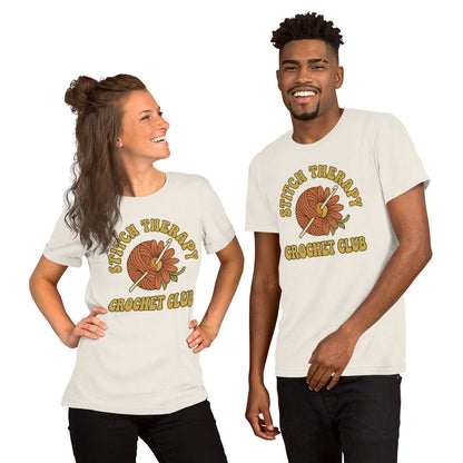 "Stitch Therapy" Retro Crochet Club Graphic T-Shirt - in Vintage White, front view - VibePrintPop