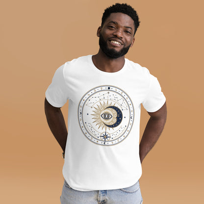Mystic Celestial Sun and Moon Tee - in White, front view - VibePrintPop