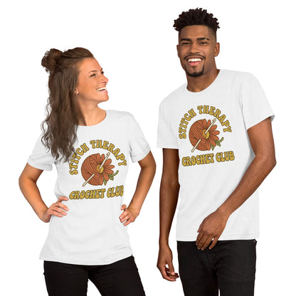"Stitch Therapy" Retro Crochet Club Graphic T-Shirt - in White, front view - VibePrintPop