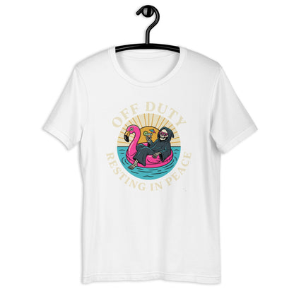 Retro Off Duty Grim Reaper T-Shirt - in White, front view - VibePrintPop