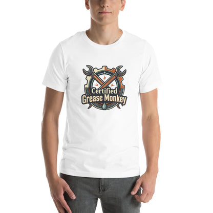 Mechanic Grease Monkey Retro Garage Tee - in White, front view - VibePrintPop