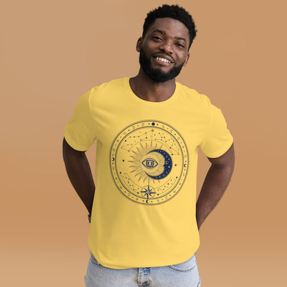 Mystic Celestial Sun and Moon Tee - in Yellow, front view - VibePrintPop