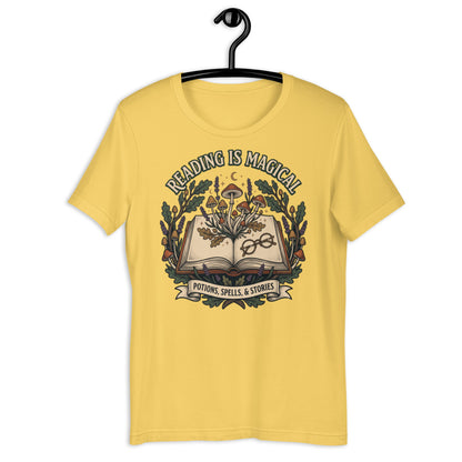 Whimsical Reading Witch T-Shirt - in Yellow, front view - VibePrintPop