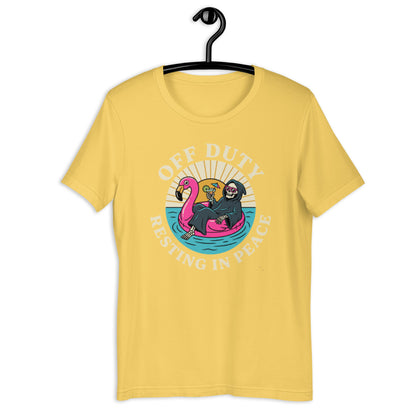 Retro Off Duty Grim Reaper T-Shirt - in Yellow, front view - VibePrintPop