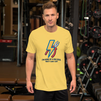 Electrician Funny Voltage Humor Graphic Tee - in Yellow, front view - VibePrintPop