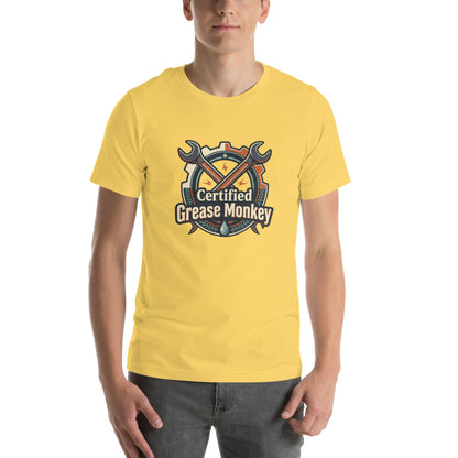 Mechanic Grease Monkey Retro Garage Tee - in Yellow, front view - VibePrintPop