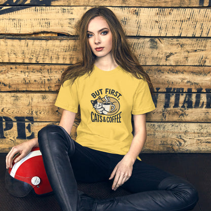 Cat Lover Cozy Coffee Cottage Tee - in Yellow, front view - VibePrintPop
