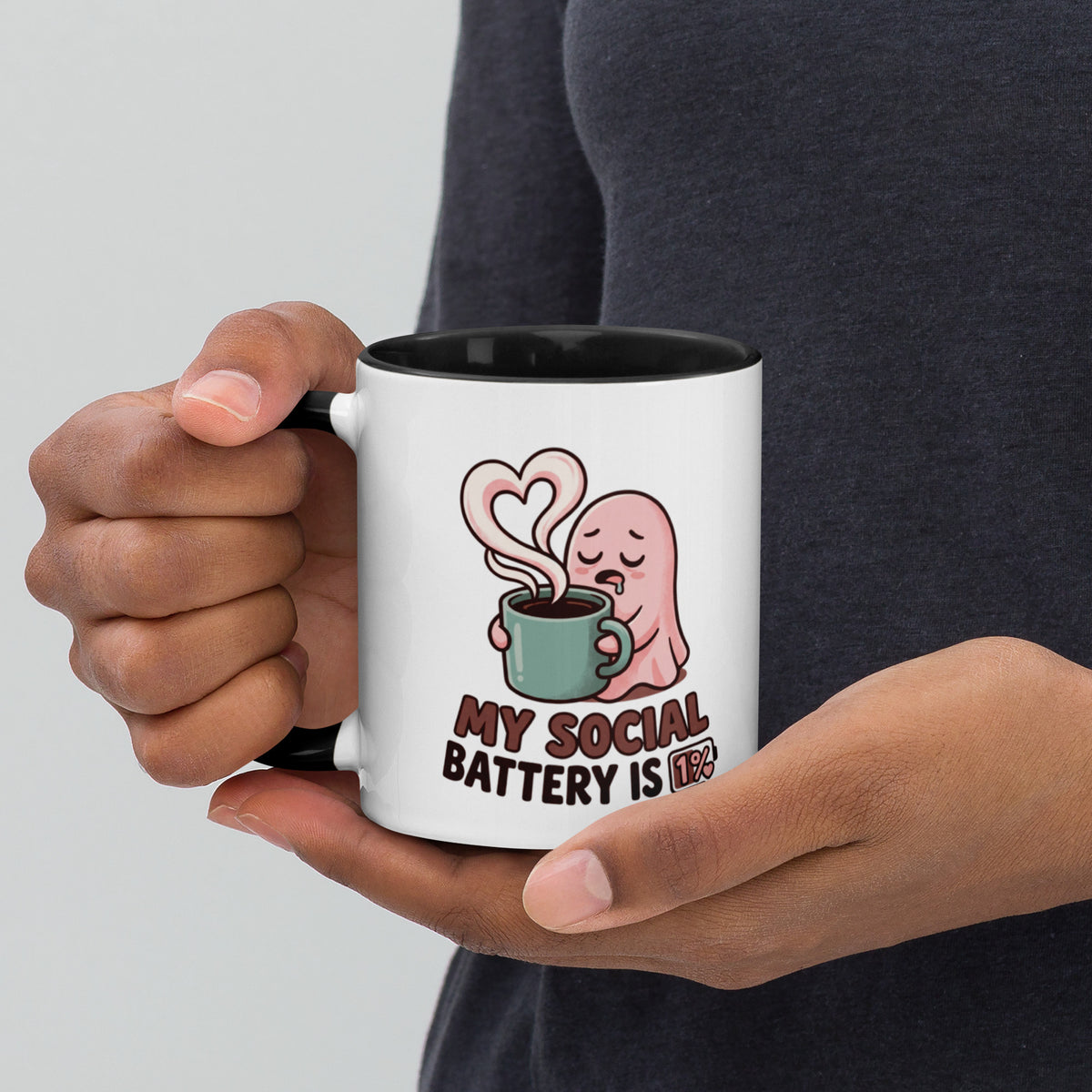 My Social Battery Is Empty design on a white ceramic mug with black rim and handle, 11 oz, left view