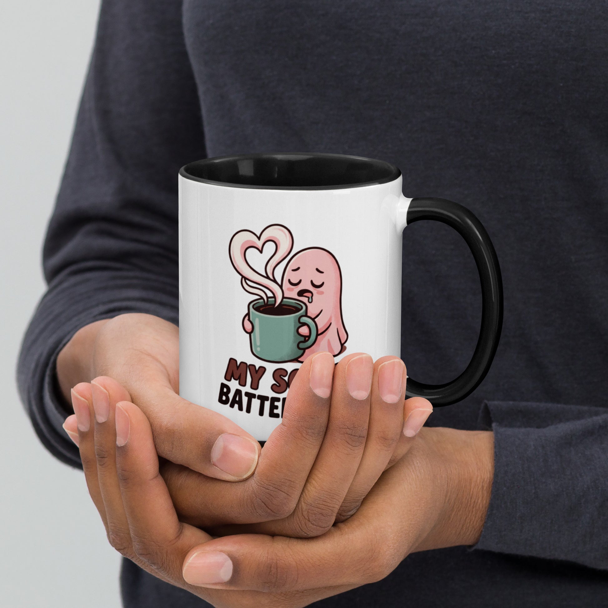 My Social Battery Is Empty design on a white ceramic mug with black rim and handle, 11 oz, right view