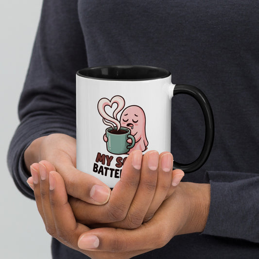 My Social Battery Is Empty design on a white ceramic mug with black rim and handle, 11 oz, right view
