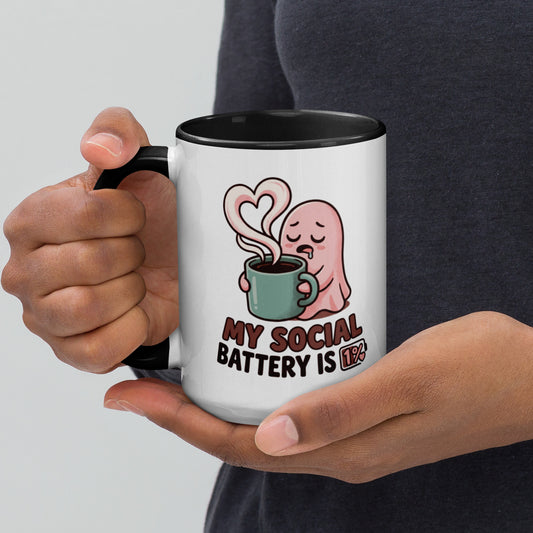 My Social Battery Is Empty design on a white ceramic mug with black rim and handle, 15 oz, left view