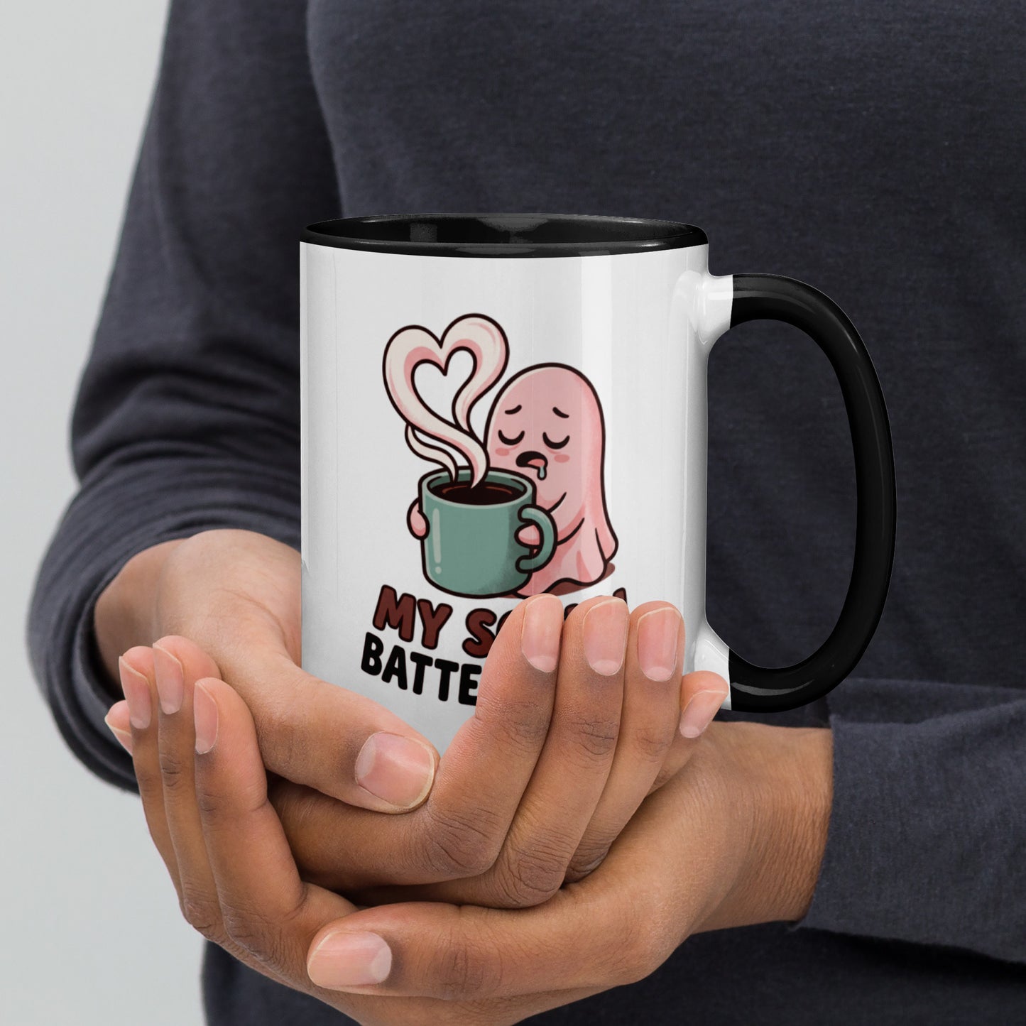 My Social Battery Is Empty design on a white ceramic mug with black rim and handle, 15 oz, right view