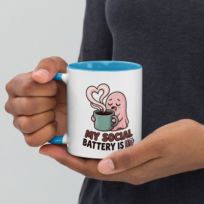 My Social Battery Is Empty design on a white ceramic mug with blue rim and handle, 11 oz, left view