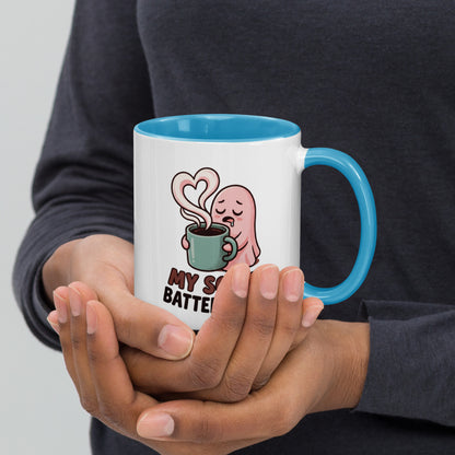 My Social Battery Is Empty design on a white ceramic mug with blue rim and handle, 11 oz, right view