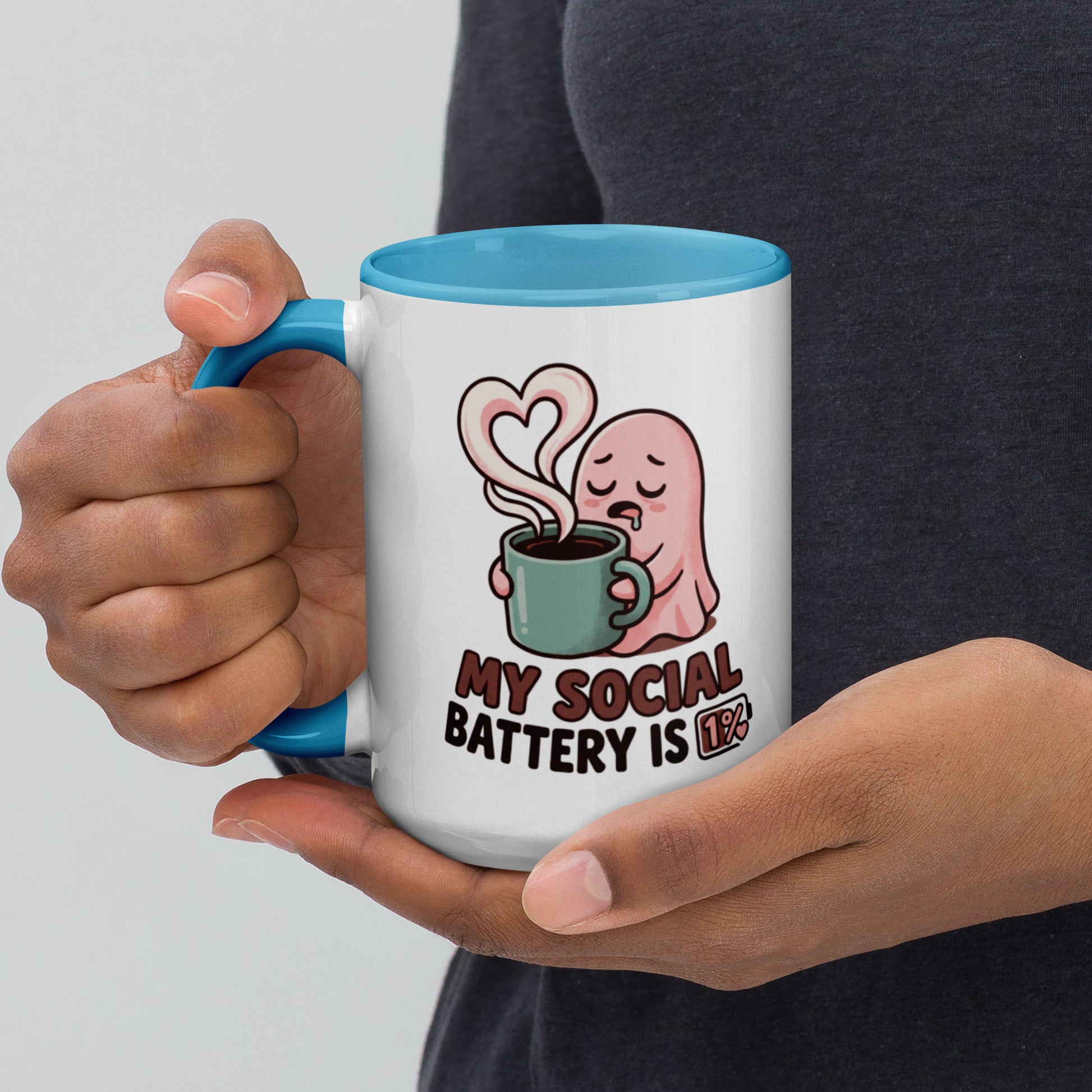 My Social Battery Is Empty design on a white ceramic mug with blue rim and handle, 15 oz, left view