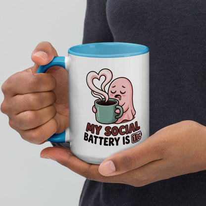 My Social Battery Is Empty design on a white ceramic mug with blue rim and handle, 15 oz, left view