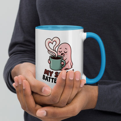 My Social Battery Is Empty design on a white ceramic mug with blue rim and handle, 15 oz, right view