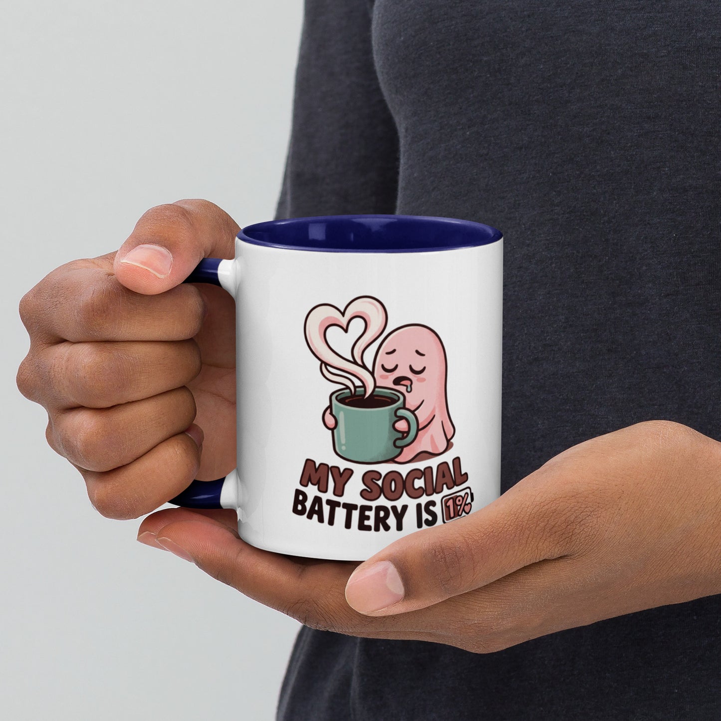 My Social Battery Is Empty design on a white ceramic mug with dark blue rim and handle, 11 oz, left view