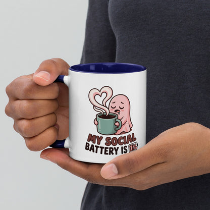 My Social Battery Is Empty design on a white ceramic mug with dark blue rim and handle, 11 oz, left view
