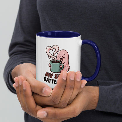 My Social Battery Is Empty design on a white ceramic mug with dark blue rim and handle, 11 oz, right view
