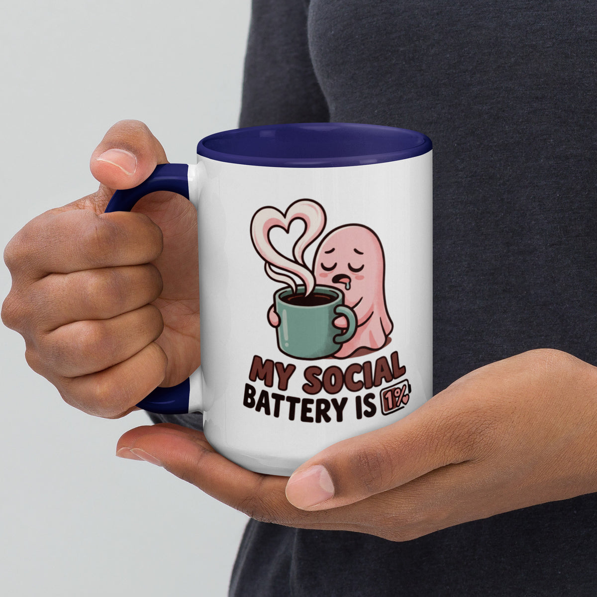 My Social Battery Is Empty design on a white ceramic mug with dark blue rim and handle, 15 oz, left view