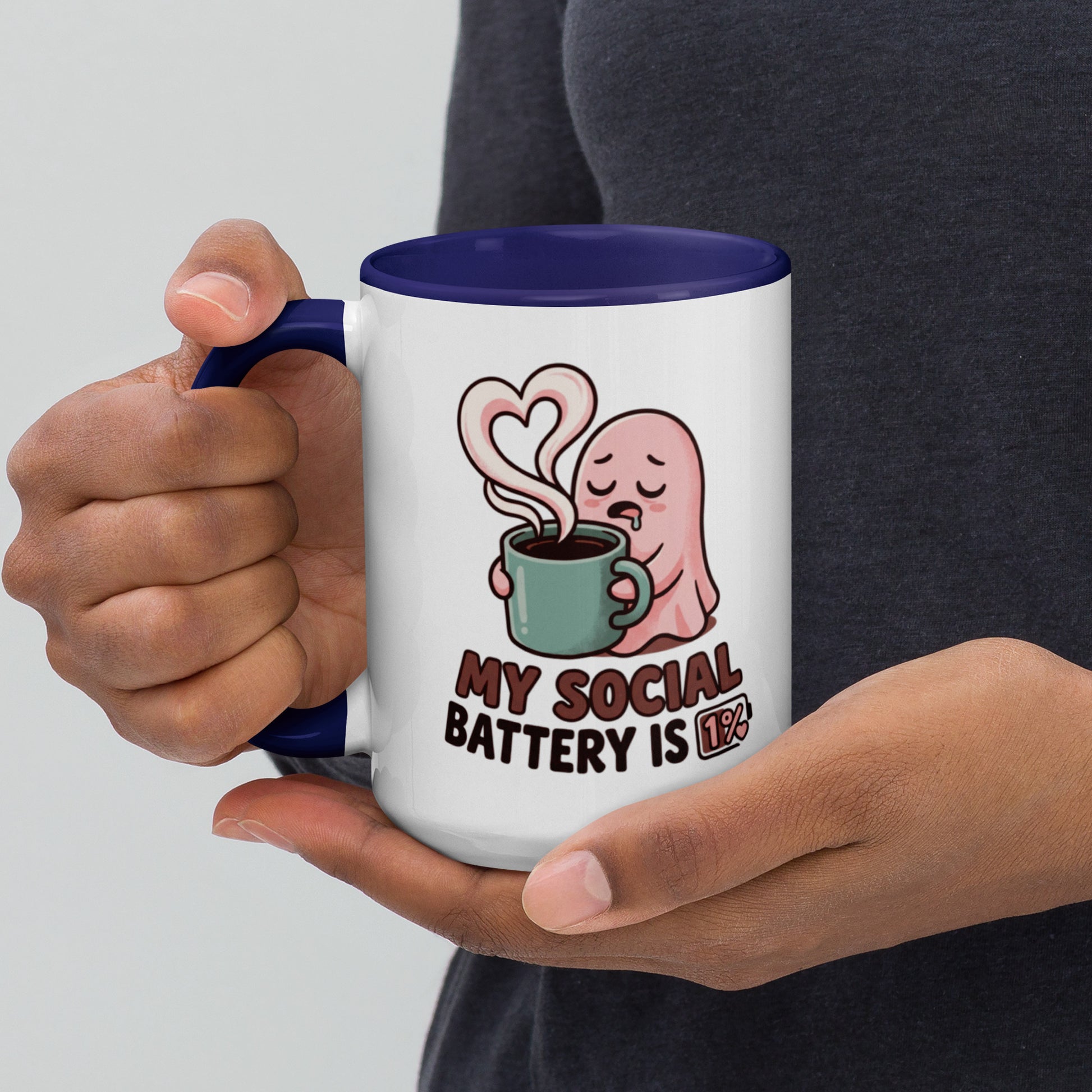 My Social Battery Is Empty design on a white ceramic mug with dark blue rim and handle, 15 oz, left view