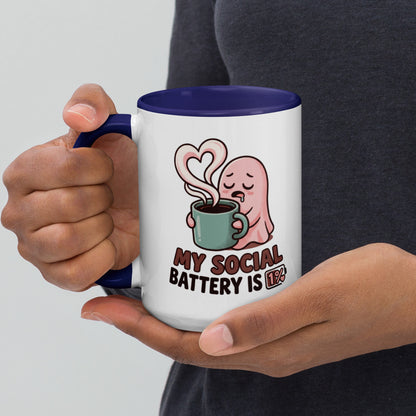 My Social Battery Is Empty design on a white ceramic mug with dark blue rim and handle, 15 oz, left view