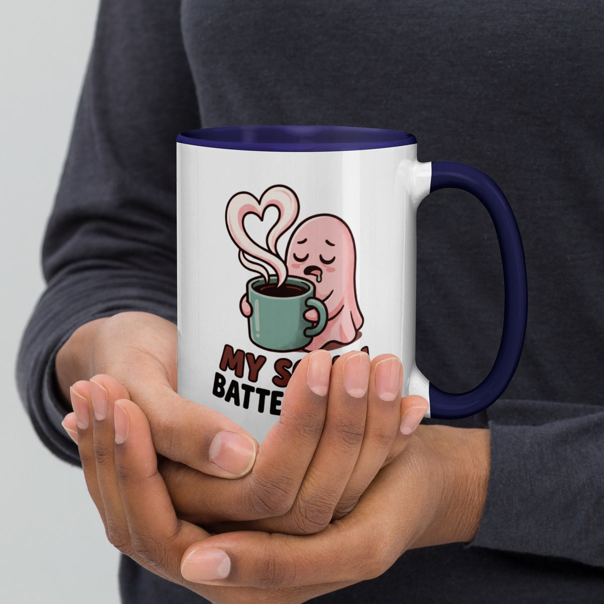 My Social Battery Is Empty design on a white ceramic mug with dark blue rim and handle, 15 oz, right view