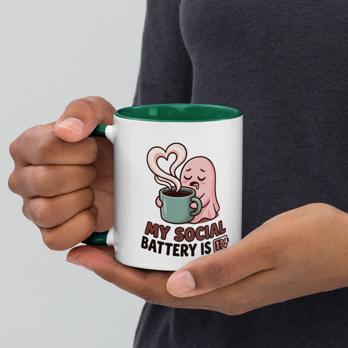 My Social Battery Is Empty design on a white ceramic mug with dark green rim and handle, 11 oz, left view