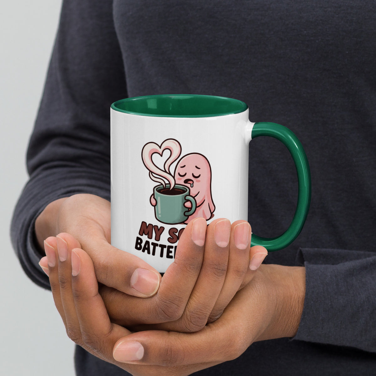 My Social Battery Is Empty design on a white ceramic mug with dark green rim and handle, 11 oz, right view