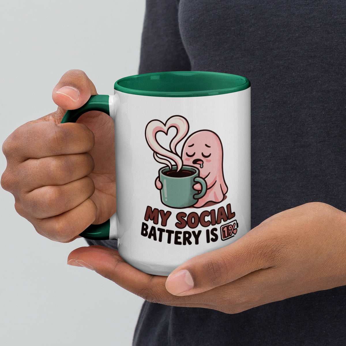 My Social Battery Is Empty design on a white ceramic mug with dark green rim and handle, 15 oz, left view