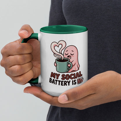 My Social Battery Is Empty design on a white ceramic mug with dark green rim and handle, 15 oz, left view