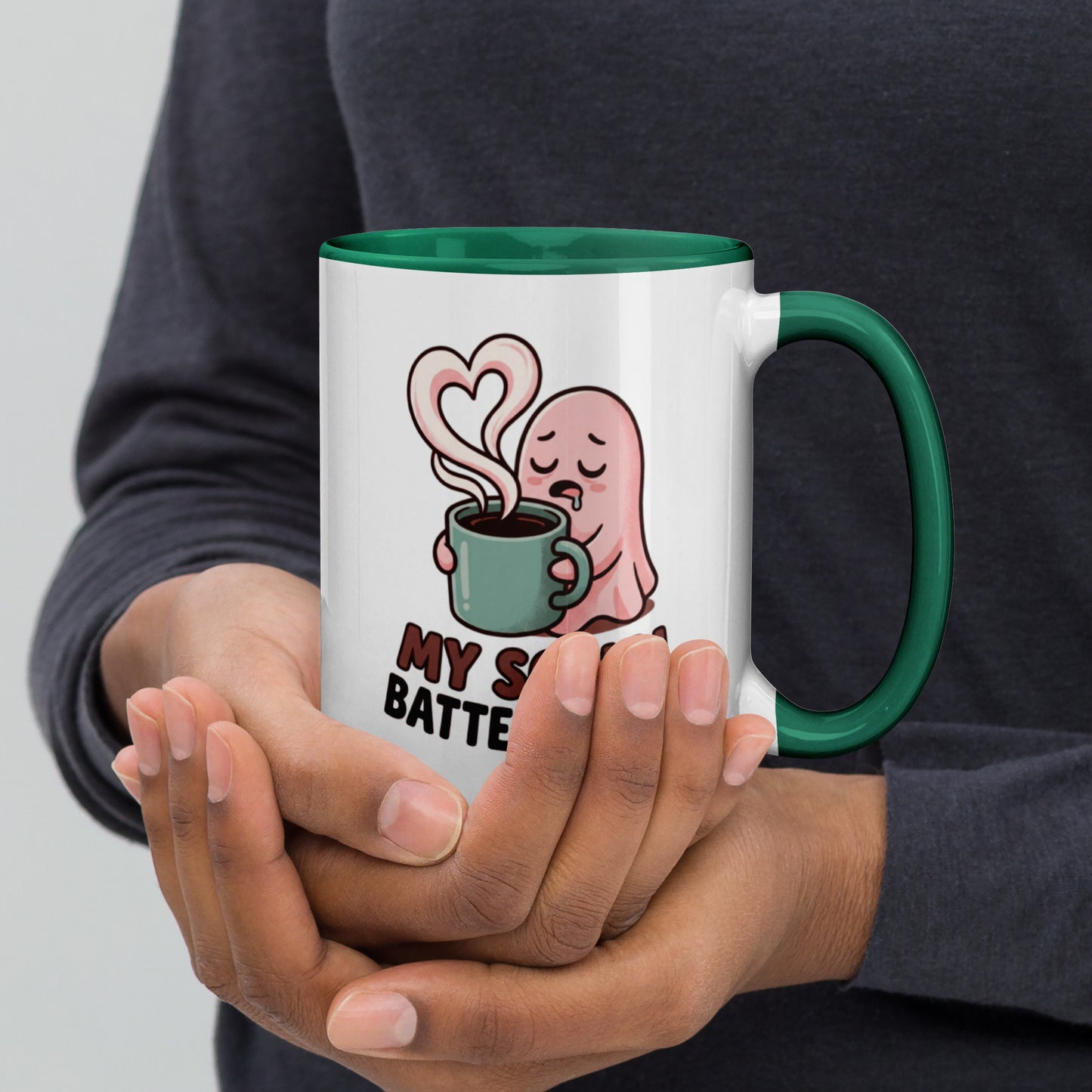 My Social Battery Is Empty design on a white ceramic mug with dark green rim and handle, 15 oz, right view