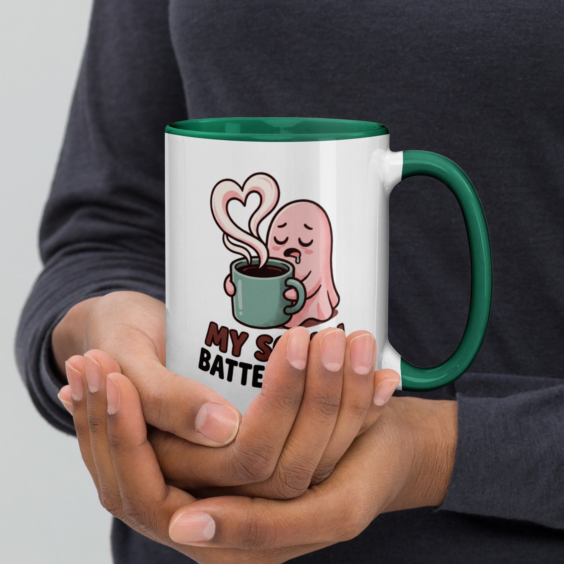 My Social Battery Is Empty design on a white ceramic mug with dark green rim and handle, 15 oz, right view