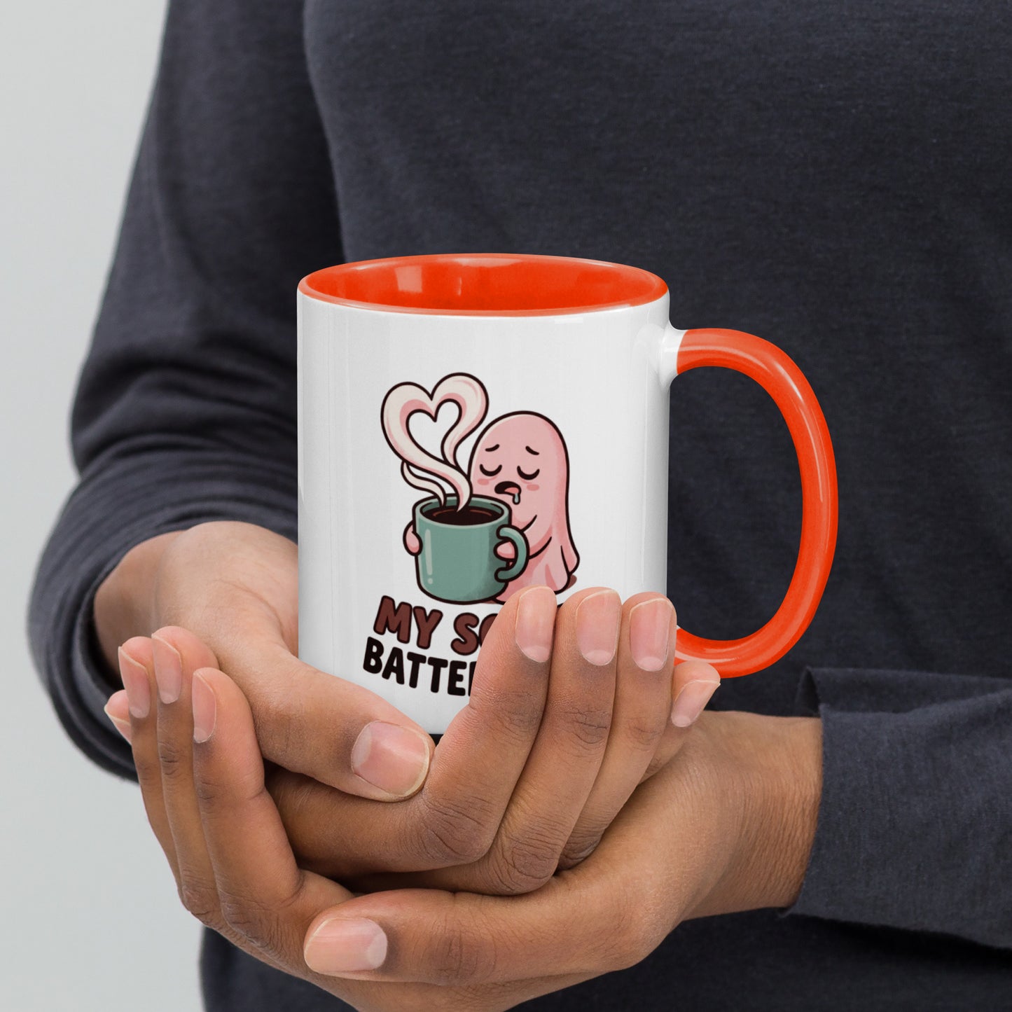 My Social Battery Is Empty design on a white ceramic mug with orange rim and handle, 11 oz, right view