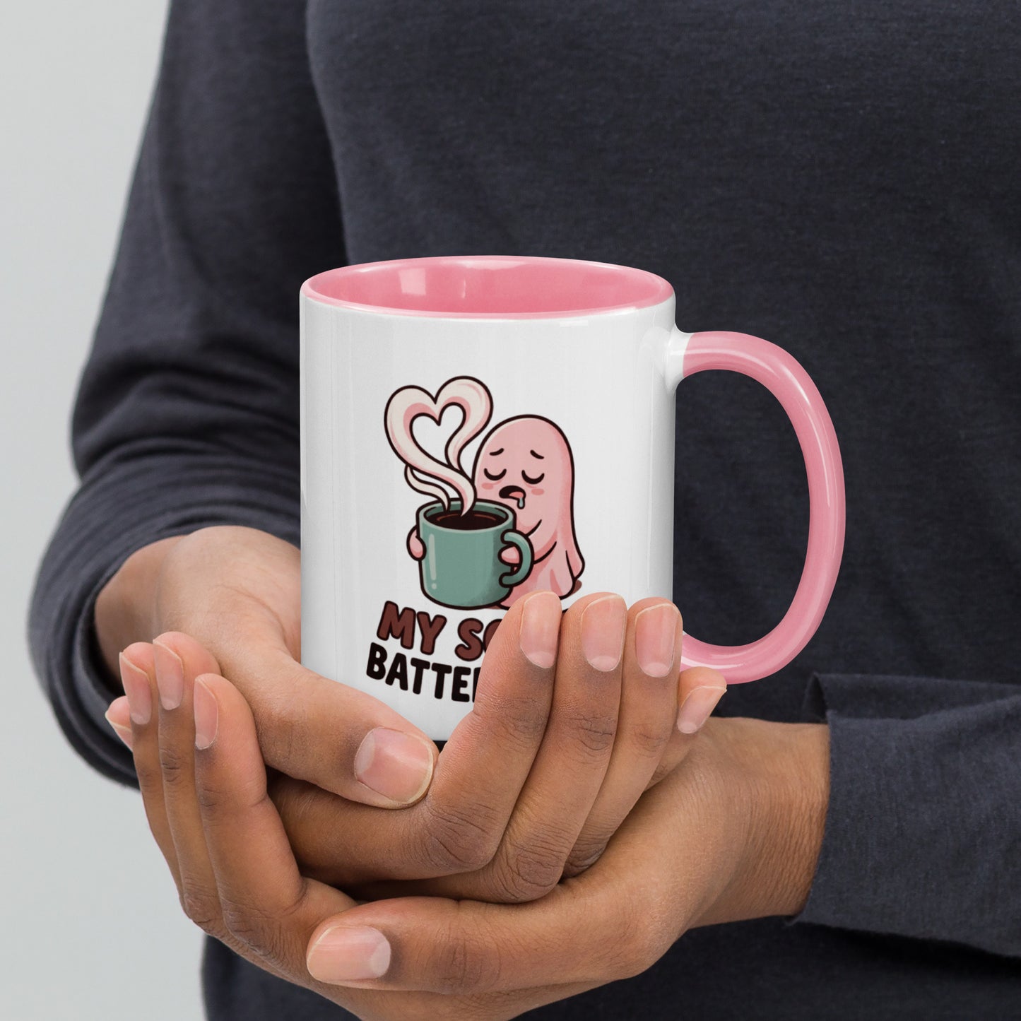 My Social Battery Is Empty design on a white ceramic mug with pink rim and handle, 11 oz, right view