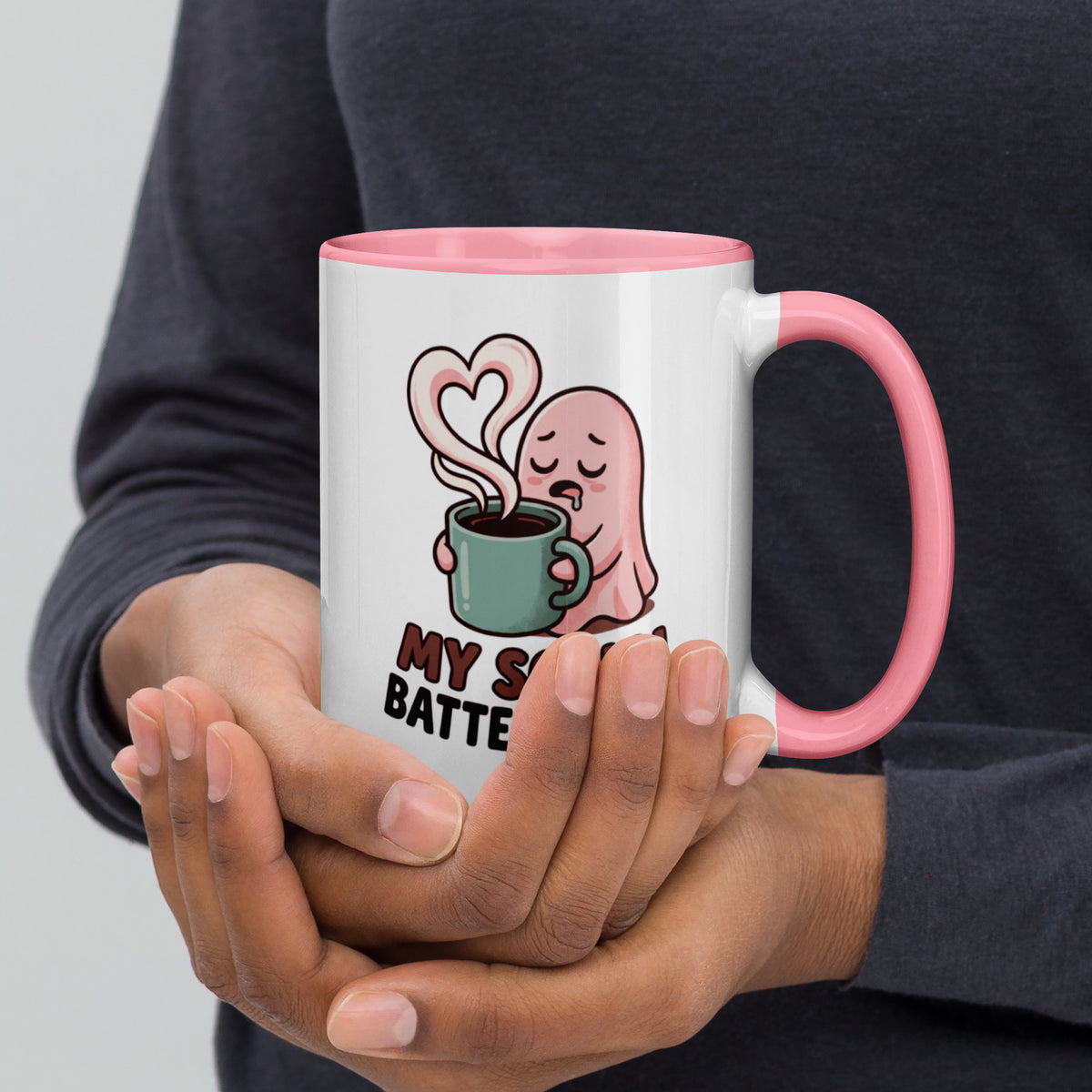 My Social Battery Is Empty design on a white ceramic mug with pink rim and handle, 15 oz, right view