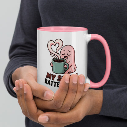 My Social Battery Is Empty design on a white ceramic mug with pink rim and handle, 15 oz, right view
