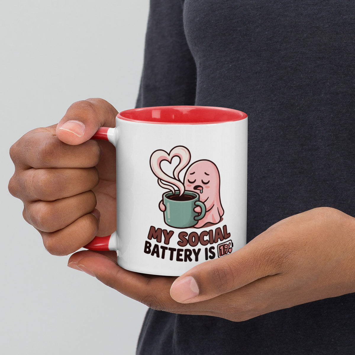 My Social Battery Is Empty design on a white ceramic mug with red rim and handle, 11 oz, left view