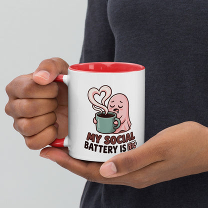 My Social Battery Is Empty design on a white ceramic mug with red rim and handle, 11 oz, left view