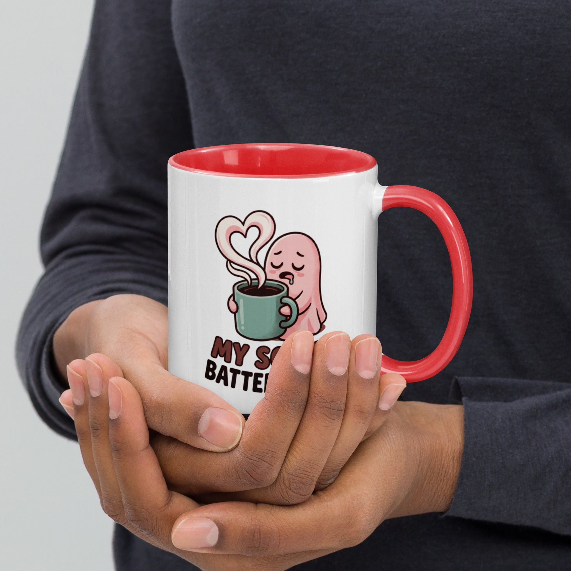 My Social Battery Is Empty design on a white ceramic mug with red rim and handle, 11 oz, right view