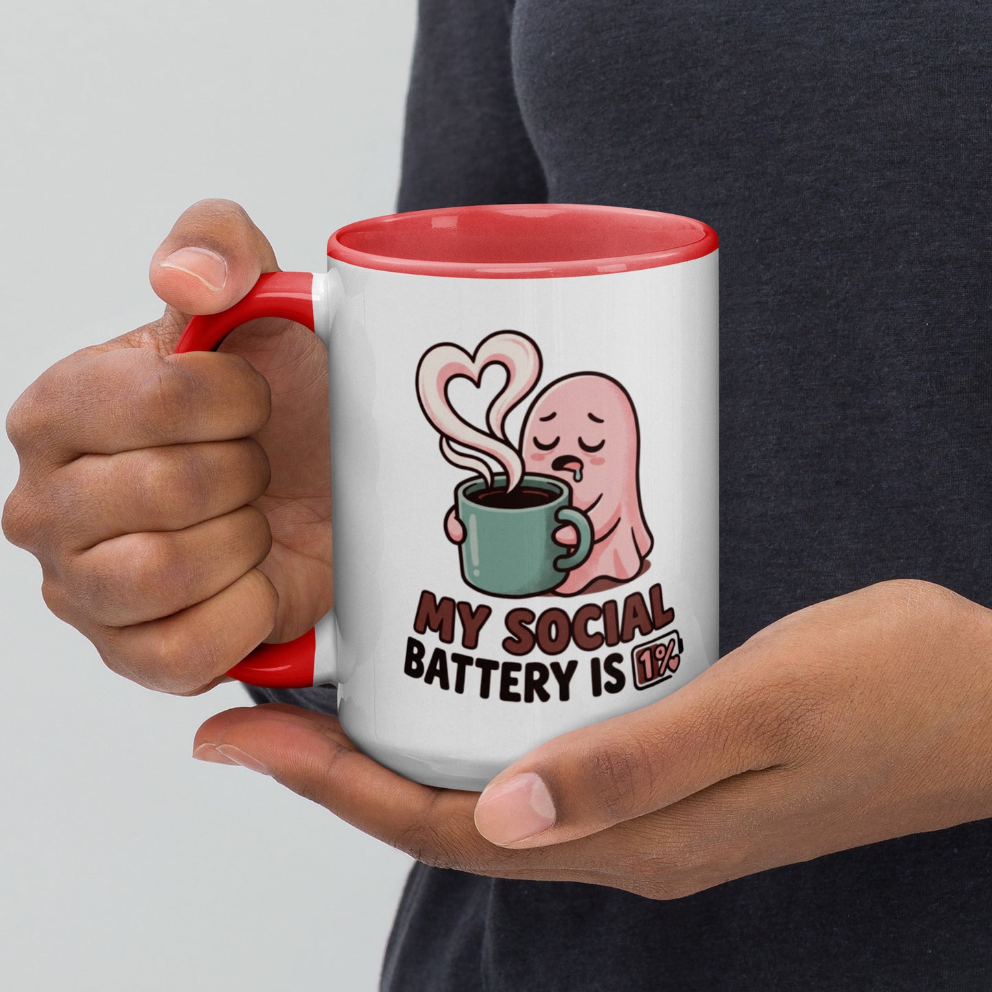 My Social Battery Is Empty design on a white ceramic mug with red rim and handle, 15 oz, left view