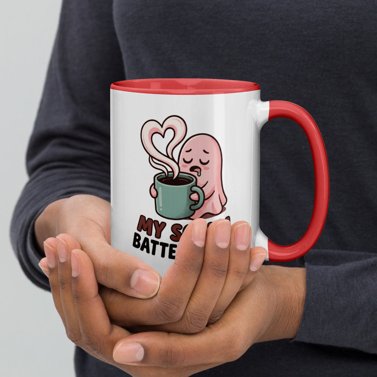 My Social Battery Is Empty design on a white ceramic mug with red rim and handle, 15 oz, right view