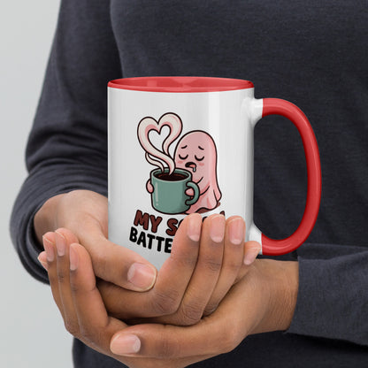 My Social Battery Is Empty design on a white ceramic mug with red rim and handle, 15 oz, right view