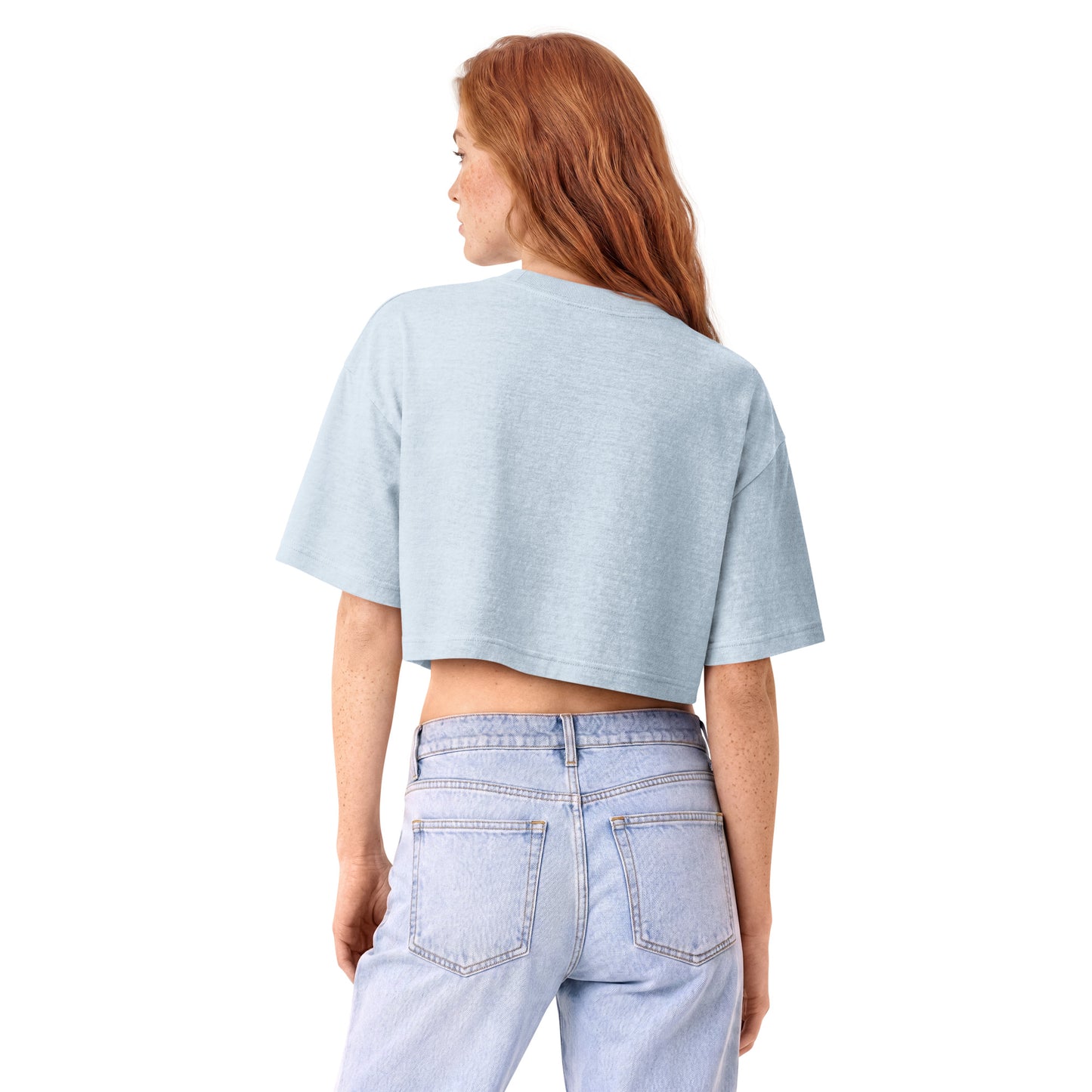 Light washed denim garment-dyed cropped tee, back view showing the cropped hem and dropped shoulders