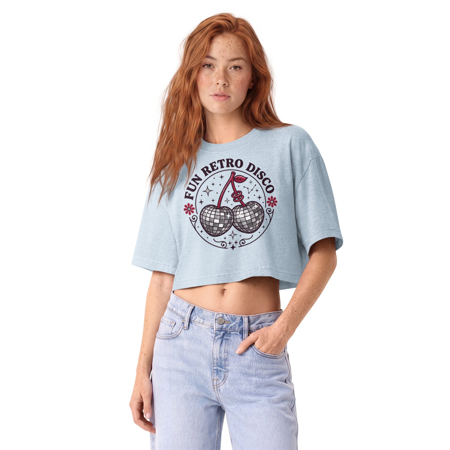 Fun Retro Disco disco-ball cherries printed on a light washed denim garment-dyed cropped tee, front view