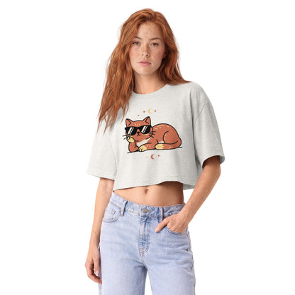 Ginger cat in sunglasses with crescent moons printed on a vintage white garment-dyed cropped tee, front view